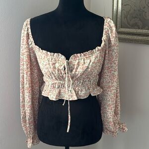 Mable Floral print bubble sleeves Crop‎ top peasant cottage Boho blouse Sz M